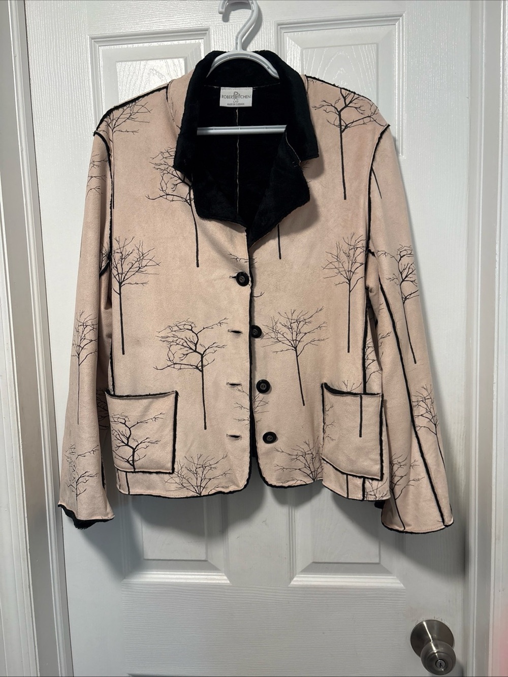 Robert Kitchen Suede Women's Beige Tree-Print Jacket with Black Faux Fur Trim
